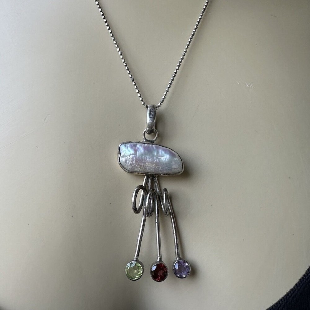 VTG Pendant Necklace 18 Inch Baroque Pearl Green Peridot Red Garnet 925 Sterling
